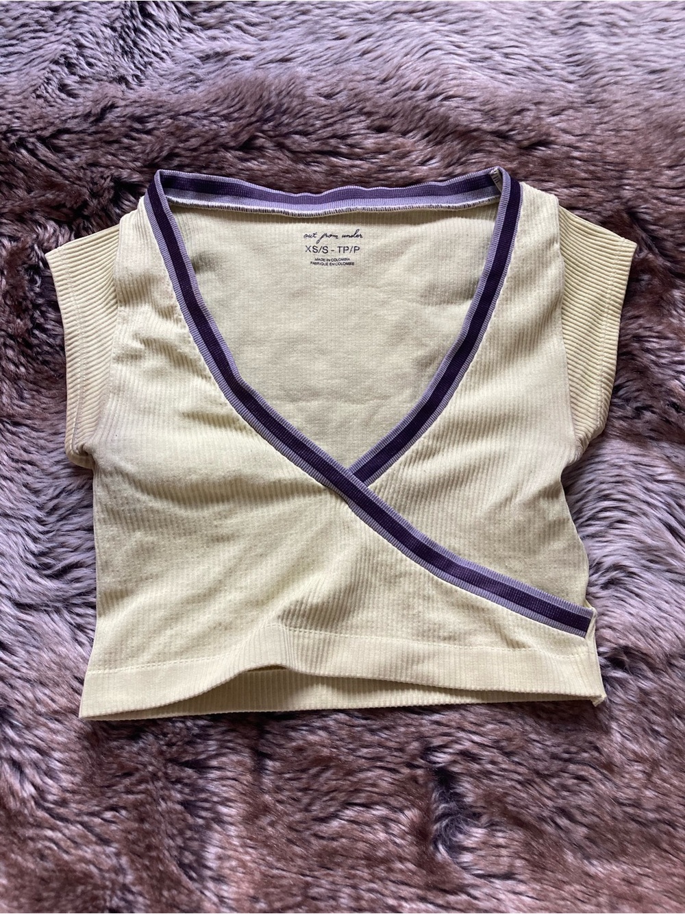 Urban Outfitters Pale Yellow Ribbed Wrap Crop Top with Purple Trim